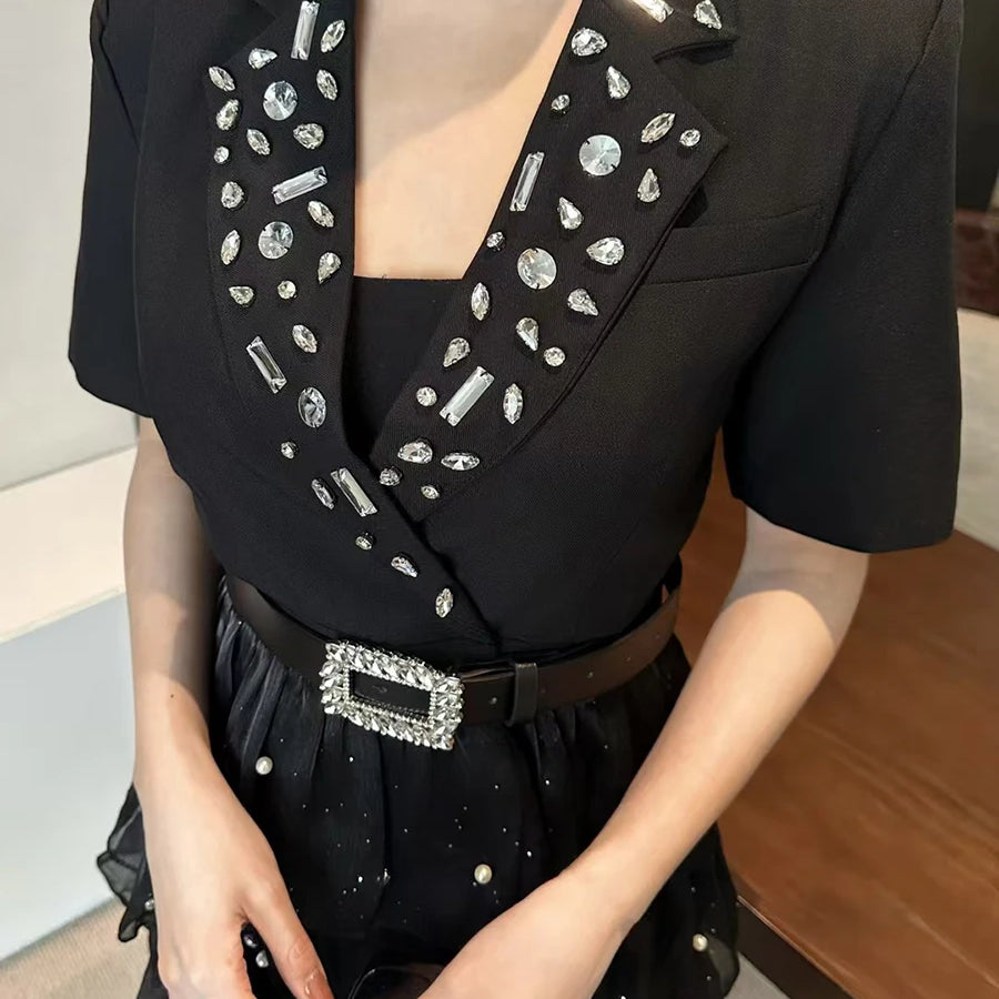 TWOTWINSTYLE Solid Spliced Bead Belt Elegant Dresses for Women Lapel Short Sleeves Patchwor Ruffles Dress Female Clothing New