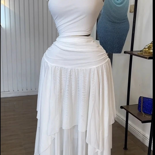 CM.YAYA Women Tie Up Shoulder Sleeveless Knit Tank Top and Irregular Maxi Long Skirt Suit 2025 Summer Two 2 Piece Set Outfits