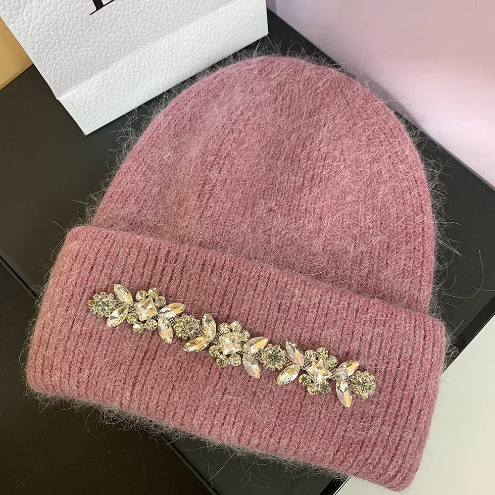 Real Rabbit Fur Knitted Hats for Women Winter Warm Beanie Luxury Rhinestones Bonnet Lady Outdoor Skiing Skullies Beanies Caps skin purple