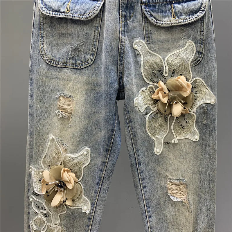 Spring 2023 New Heavy Industry Beads Three-Dimensional Flower Suspender Denim Jeans Casual Romper Skinny Jeans Jumpsuit Women