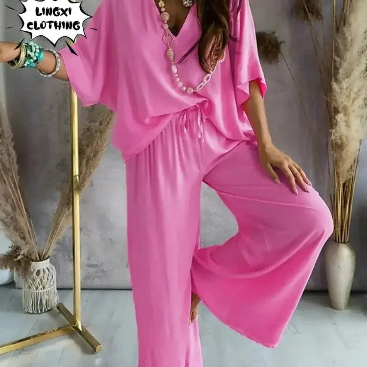 2024 Summer Fashion New Women's Elegant Loose High Waist Plus Size Set Off Back Elastic Waist Retro Women's Two Piece Set