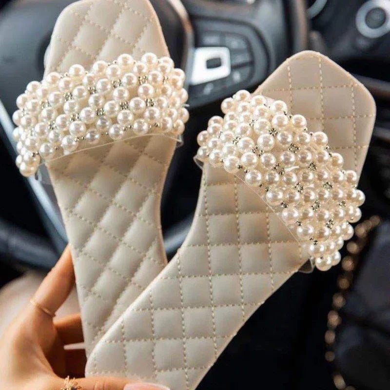 Spring and Summer Women's Pearl Rhinestones Women's All-match Casual Slippers Fashion Solid Flat Shoes Sandals