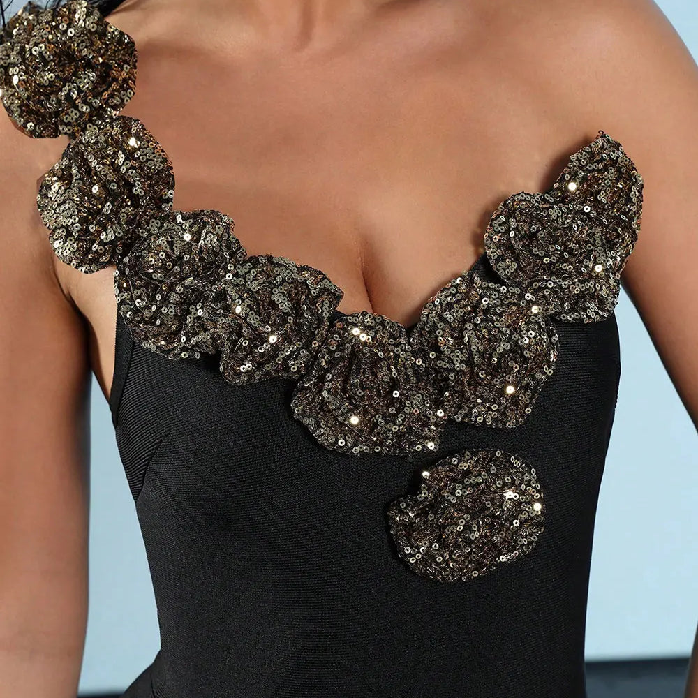 2024 Sexy Women's Light Luxury Sparkle Flower Design Bandage Dress One Shoulder Sleeveless Bodycon Long Dresses Party Vestidos