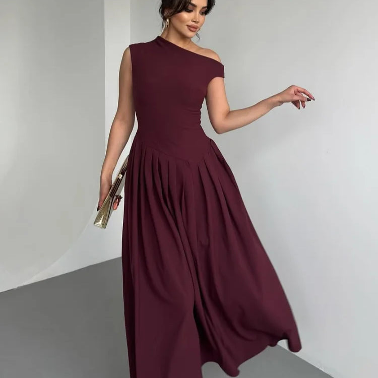 Chic Off Shoulder Irregular Neck Women's Dress Elegant High Waist A-line Hem Pleated Midi Dresses New Summer Lady Commuting Robe