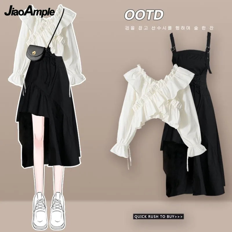 Women's Dress Set Spring Summer Fashion Bubble Sleeve Shirt+Suspended Skirt Two Piece Korean Elegant New Matching Set