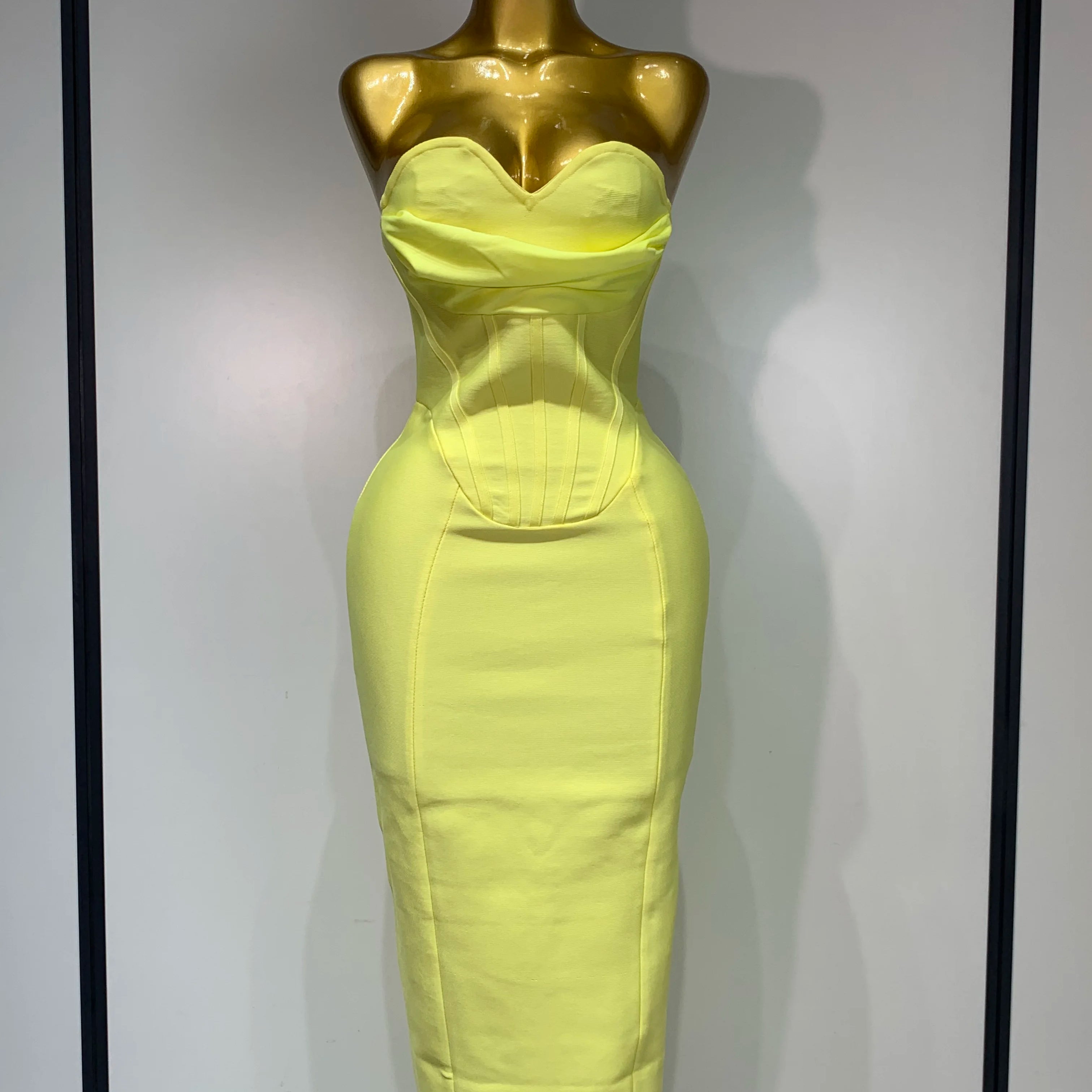 Newest 2025 Women Strapless Sexy Yellow Stretch Bodycon Bandage Dress Elegant Evening Party Luxury Birthday Celebrity Prom Gown