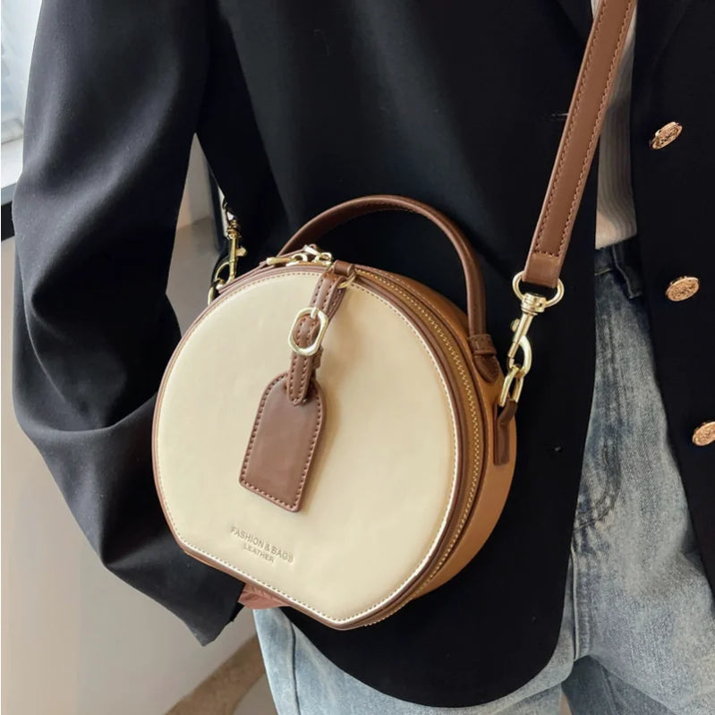 Brand Designer PU Leather Women's Handbag Retro Lock Crossbody Bag Round Tote