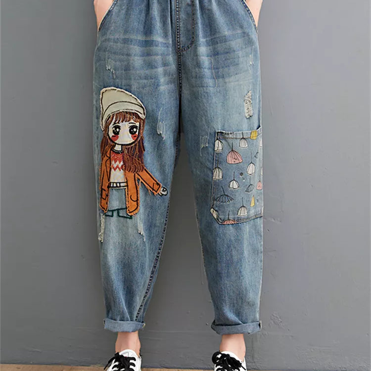 Cartoon Litter Girl Embroidery Denim Pants For Women Trendy Hole Casual High Waist Breeches Pockets Mom Harem Blue Jeans 6537 Blue