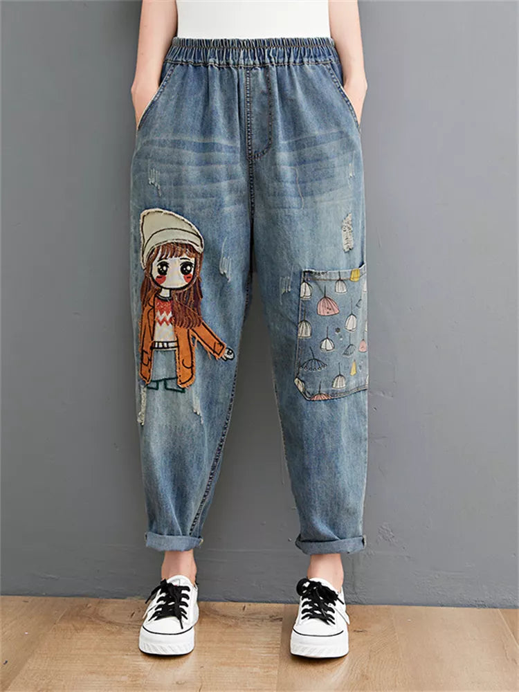 Cartoon Litter Girl Embroidery Denim Pants For Women Trendy Hole Casual High Waist Breeches Pockets Mom Harem Blue Jeans 6537 Blue