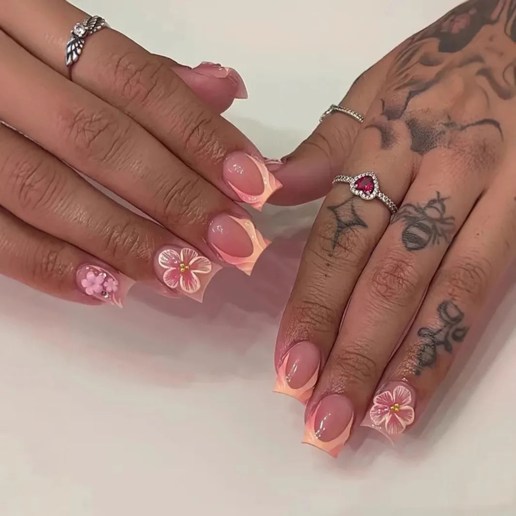 24Pcs Short Square Head Press on Nails Yellow French 3D Flower Fake Nails Blue Smudge Pearl Reusable Full Cover False Nails Tips