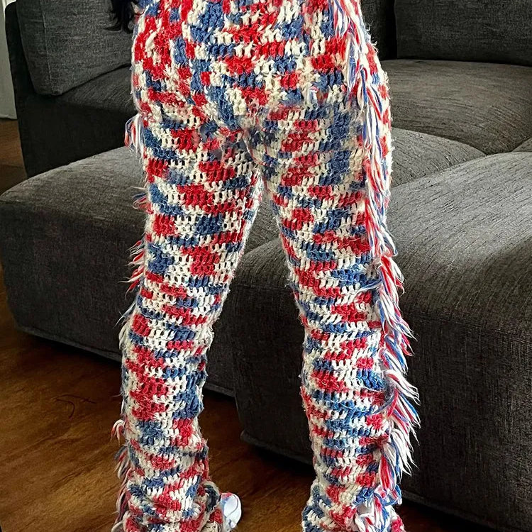 Weird Puss Knit Colorful Plaid Pants Women Fall Trend Skinny Stretch Side Furry Casual Trousers Wild Hipster Streetwear Bottoms