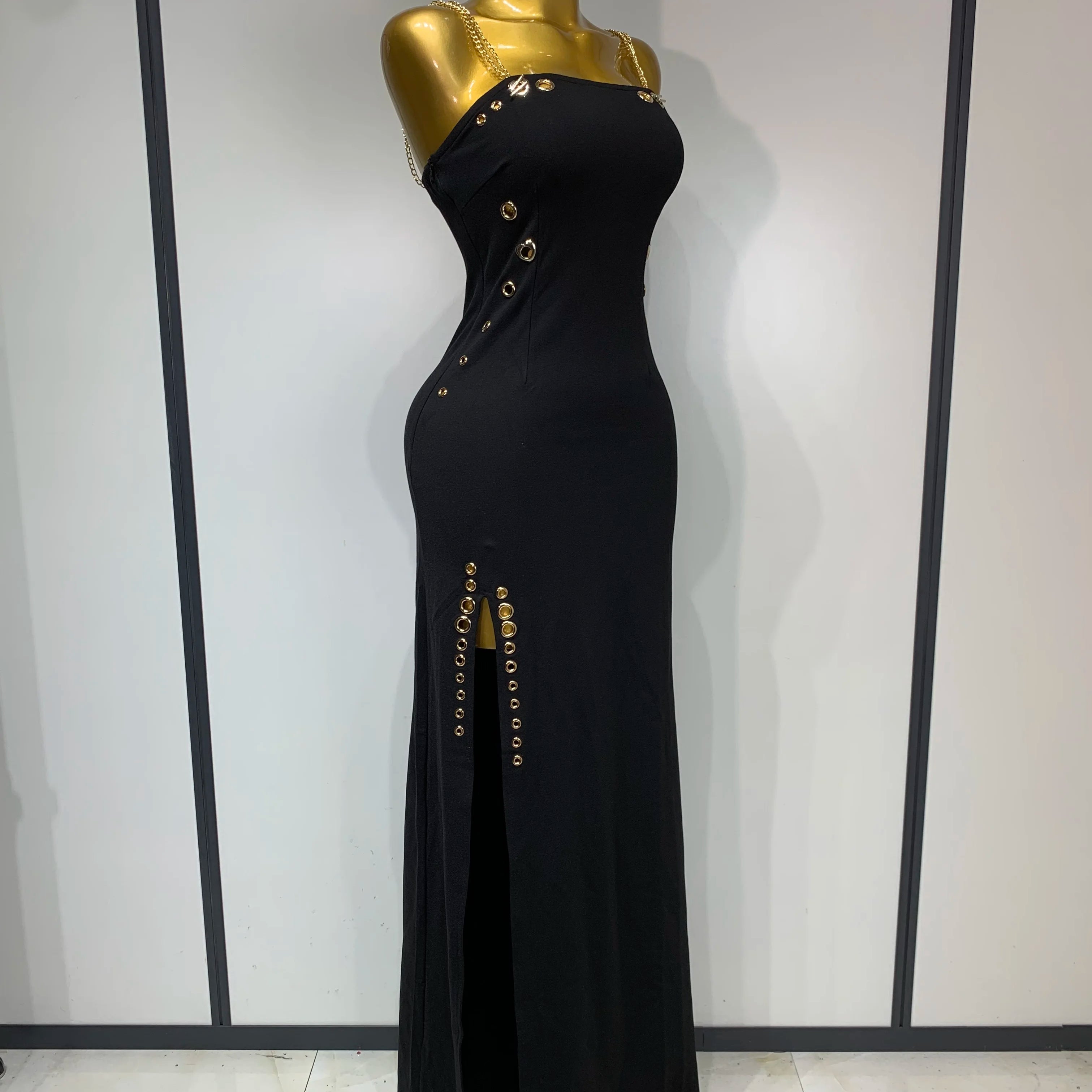 Women Sexy Sleeveless Square Colalr Chain Bodycon Maxi Long Dress Elegant Evening Party Fashion Celebrate Birthday Dress