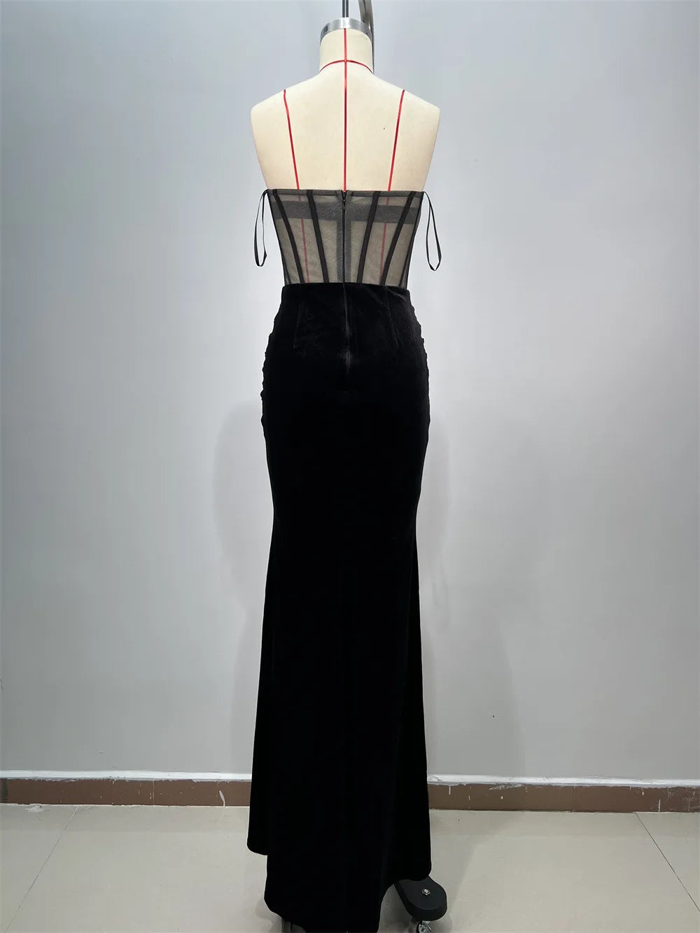 New Luxury Diamonds Sexy Mesh See Through Black Velvet Strapless Floor Length Dress Celebrity Party Dress Birthday Vestido