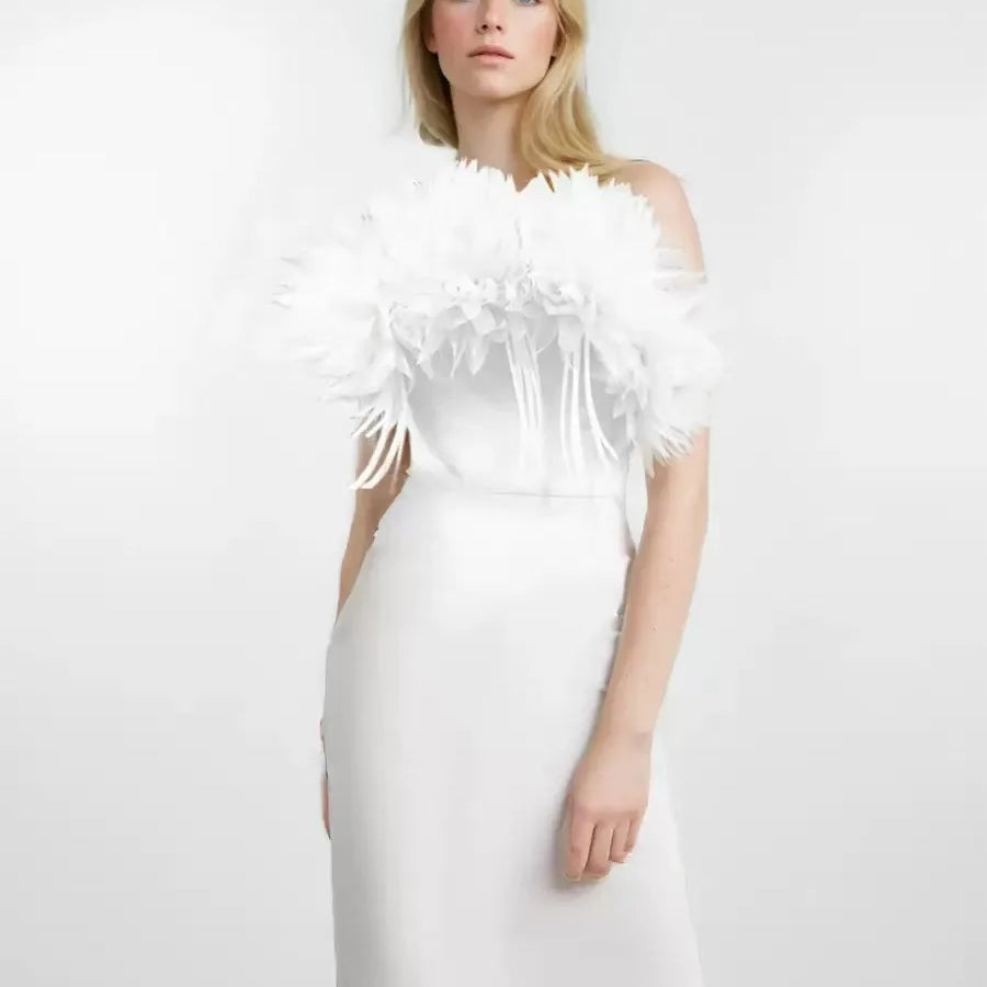 Hot Sale Women Sexy Strapless Feathers Bodycon Long Bandage Dress Fashion Celebrate Evening Party Birthday Outfit Wholesale