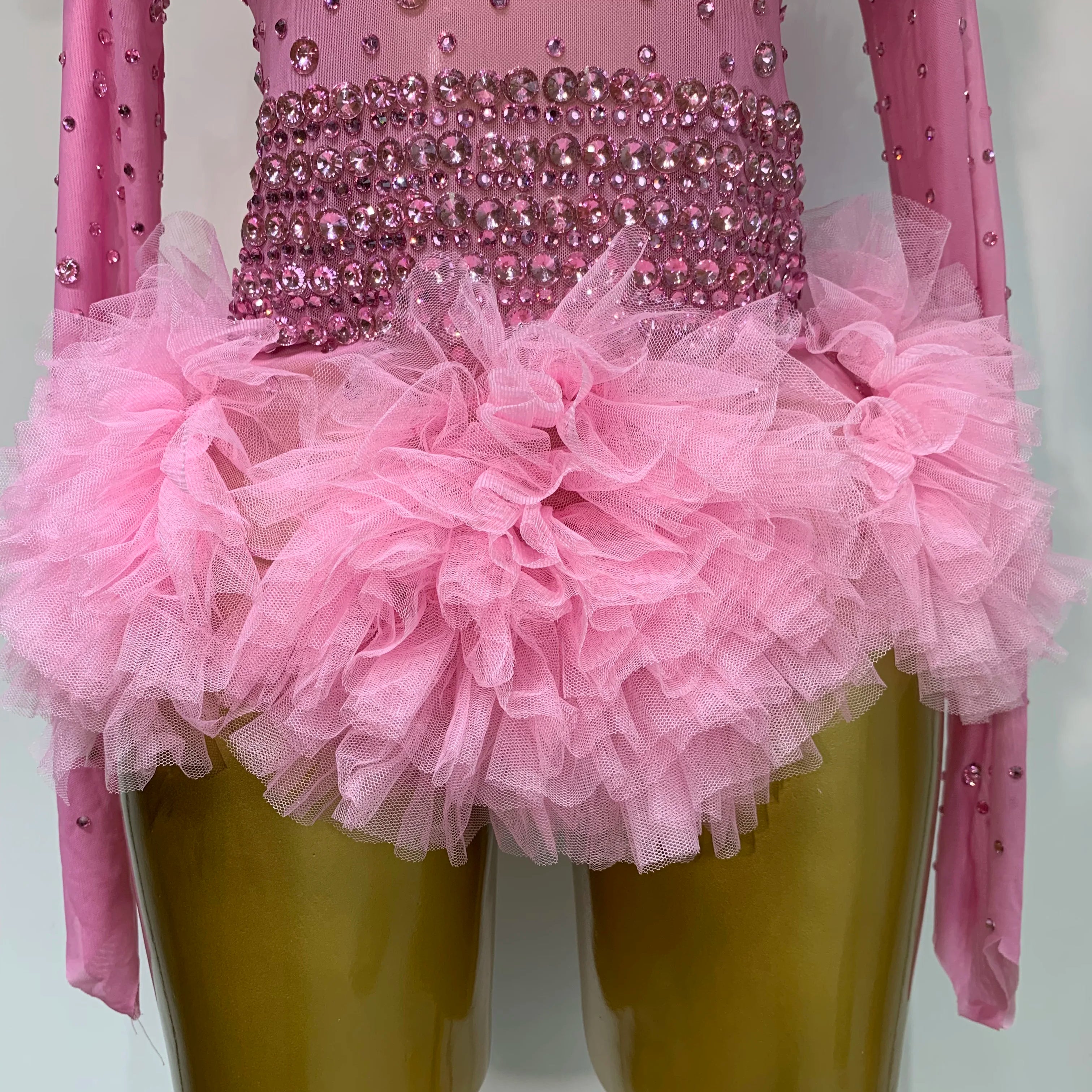 Sexy See Through Rhinestone Bodysuit 2025 Women Sexy Tight Mesh Ruffles Performance Dancer Singer Costume Nightclub Stage Outfit