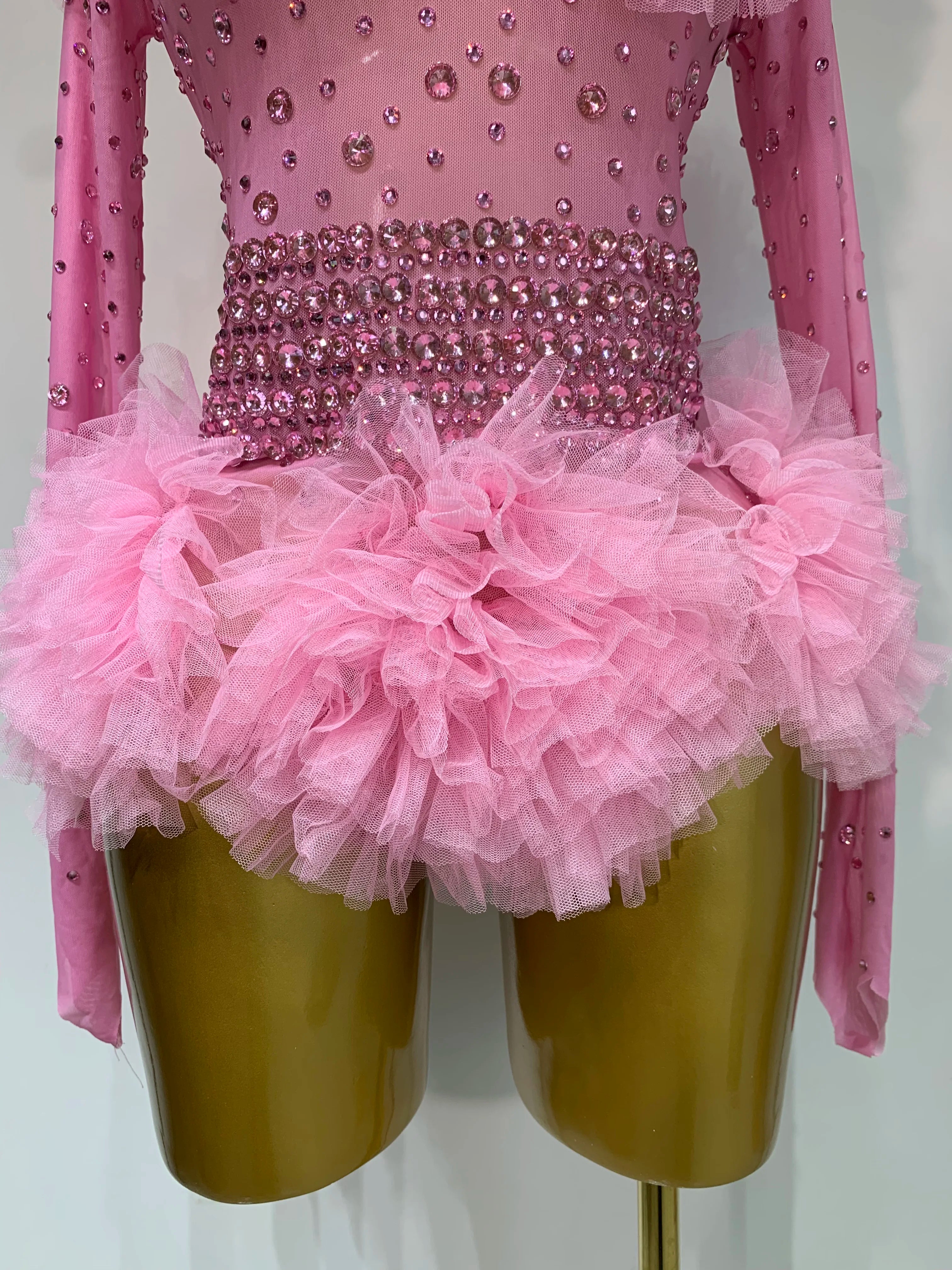 Sexy See Through Rhinestone Bodysuit 2025 Women Sexy Tight Mesh Ruffles Performance Dancer Singer Costume Nightclub Stage Outfit