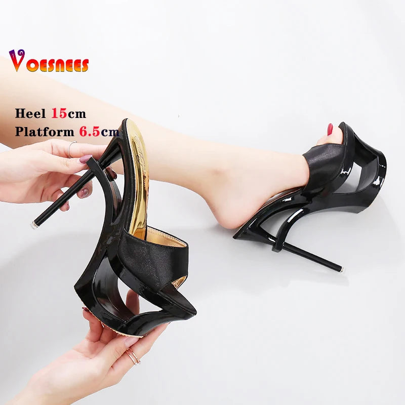 Shoes Woman Summer Slippers Sliders Female+Shoes Platform Silk Strange Style Heel 15cm Satin Face Shoes Sandalias Mujer