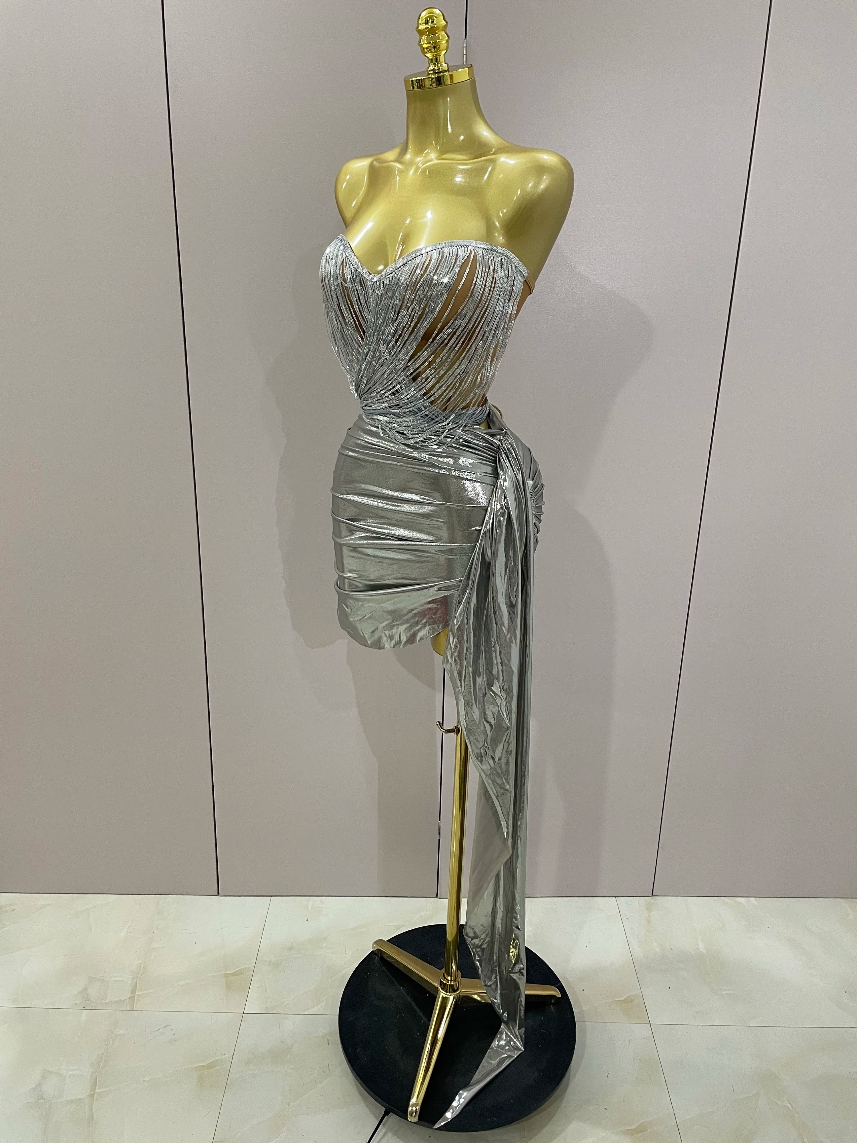 Stock Shiny Silver Sequin Tassels Mini Dress 2-piece Set 2025 New Women Evening Birthday Party Club ShootPhoto Stage Costume