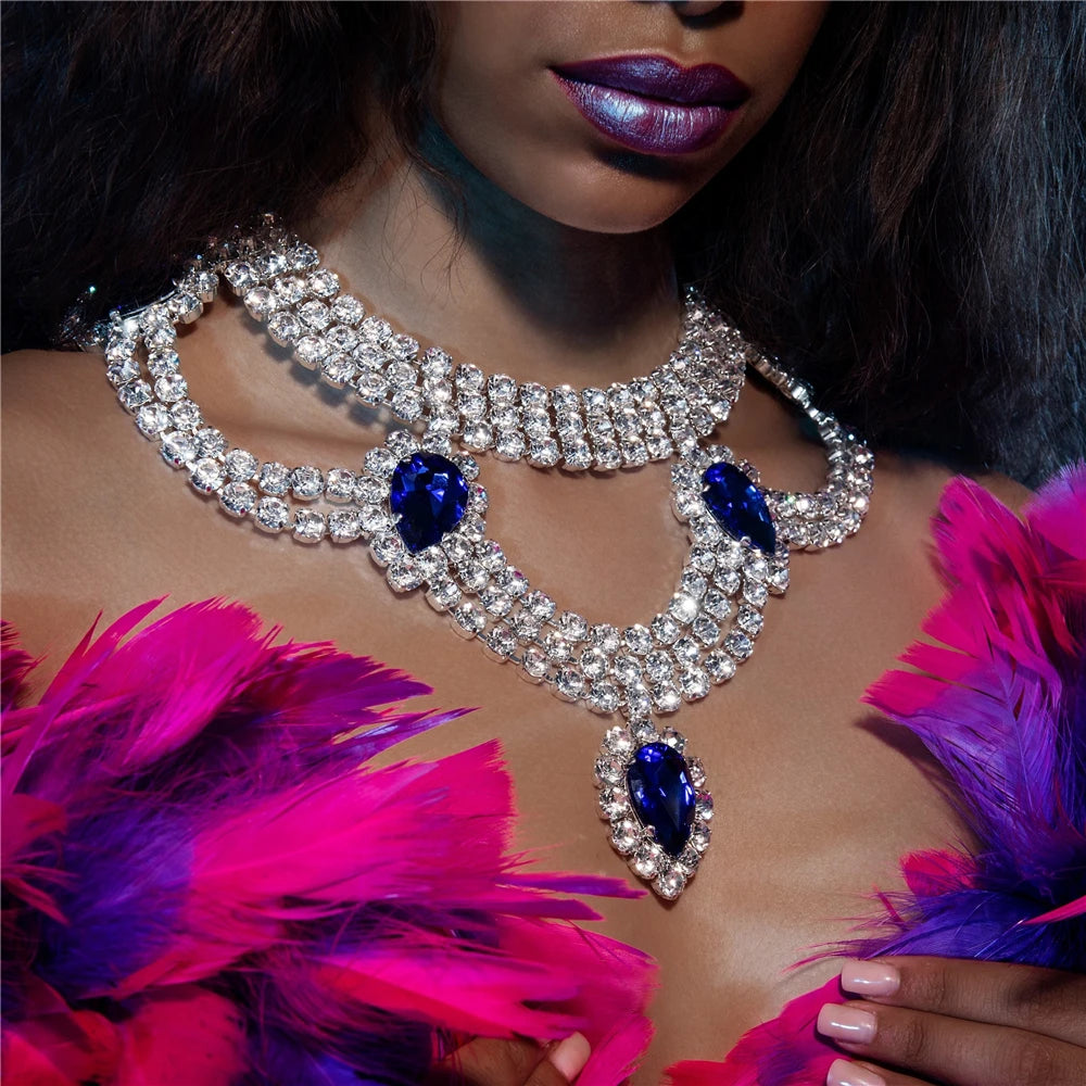 Luxury Noble Crystal Water Drops Bridal Jewelry Sets Rhinestone Necklace Earrings Set for Bride African Jewelry Accessories 09