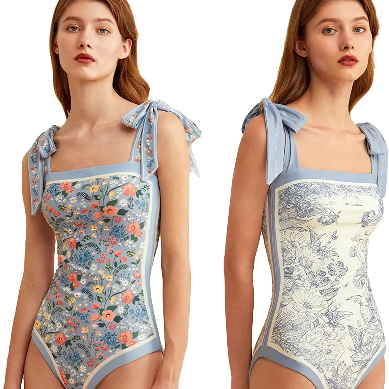 Y2K Fashion Women Floral One Piece Swimsuits Reversible Tie Shoulder Monokini Tummy Control Bathing Suits Square Neck Swimwear Blue