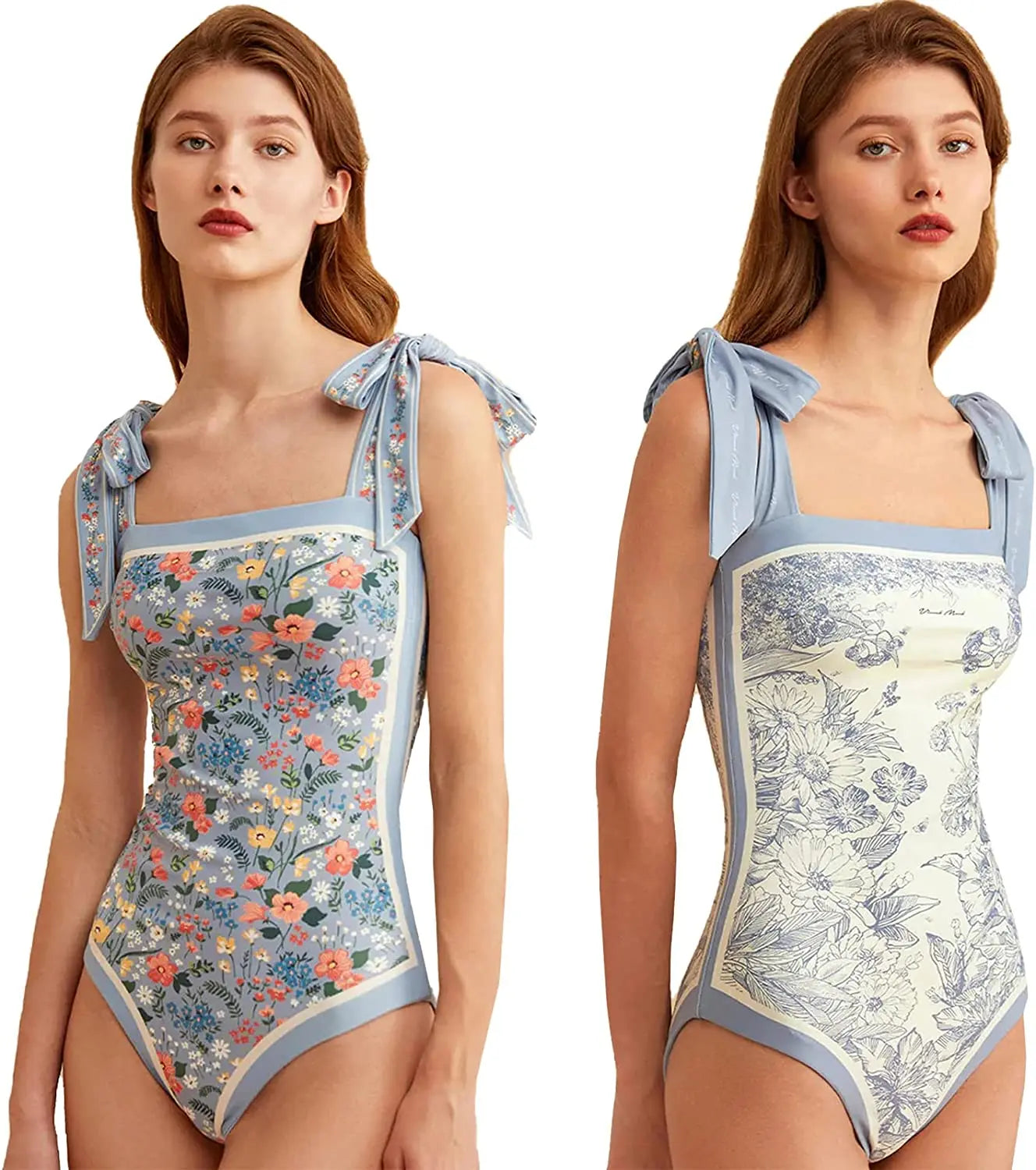Y2K Fashion Women Floral One Piece Swimsuits Reversible Tie Shoulder Monokini Tummy Control Bathing Suits Square Neck Swimwear Blue
