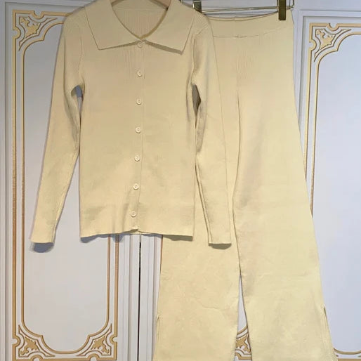 2024 Fashion Slim Knit Pants Set Lapel Flare Long Sleeve Single Breasted Cardigan Sweater & Trousers Two-Piece Set