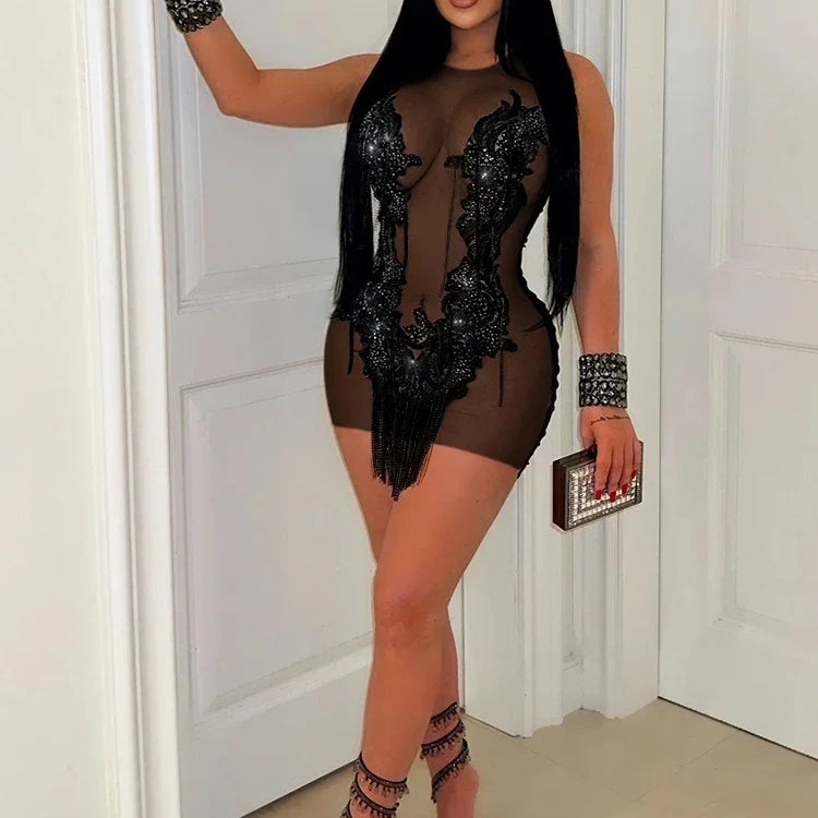 CM.YAYA Women O-neck Sequined Tassel Mini Dress Sleeveless Mesh See Through Sexy Pencil Dresses Sexy Fashion Vestidos Summer