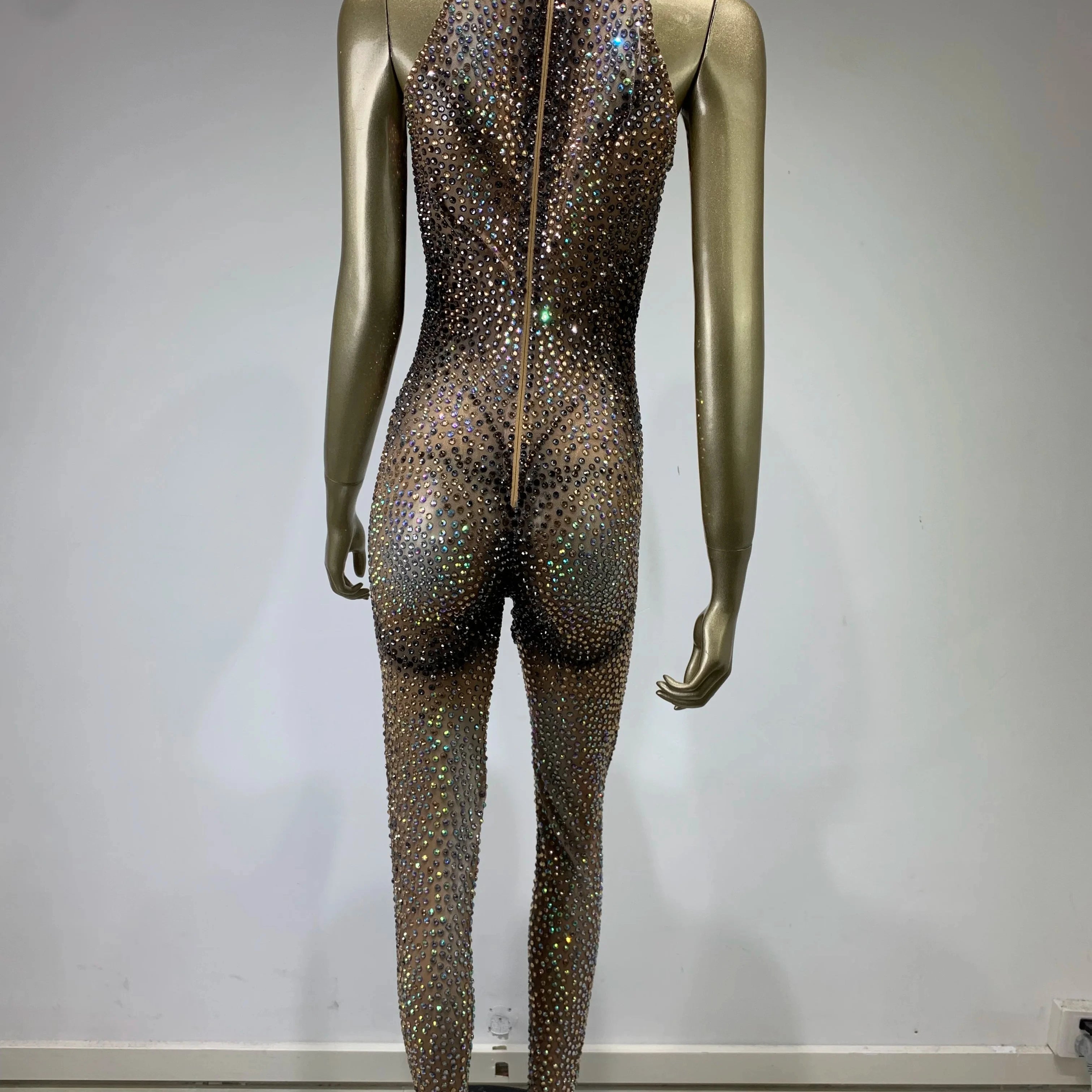 Stock Halloween Women Rhinestone Diamonds Sparkly Black Jumpsuit Birthday Party Costume Bar Nightclub Stage Performance Rompers