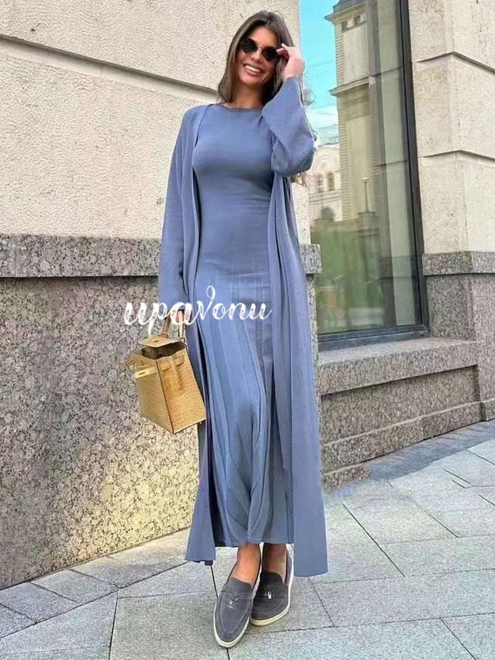 2024 Elegant Women'S Knitted Sweater Dresses Sets With Cardigan Long Jacket+Bodycon Pleated Long Knitted Dress Two-Piece Set