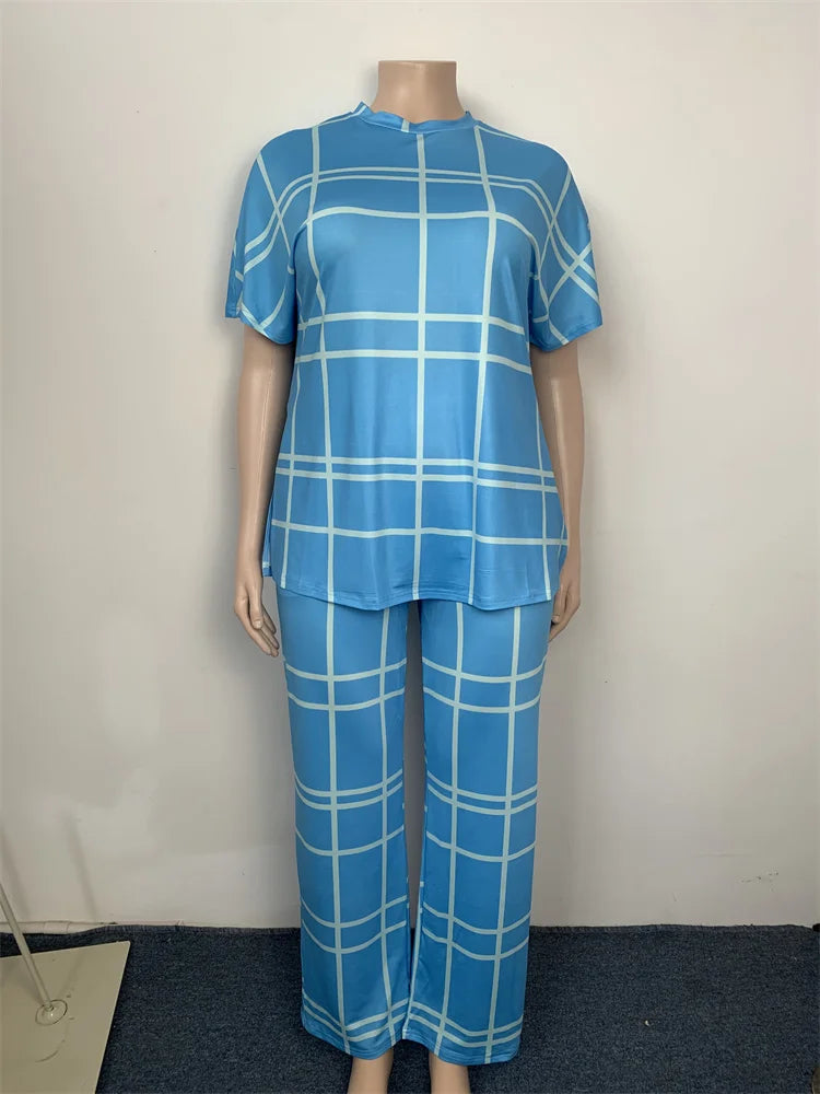 Wmstar Plus Size Two Piece Outfits Women Loose Striped Short Sleeve Top Wide Leg Pants Set Tracksuits Wholesale Dropshipping