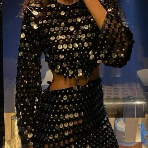 DEAT Fashion Trendy Women's Hollow Out Sequins Irregular Dress Spring New O-neck Long Sleeves Dresses Female 33A1208 Black