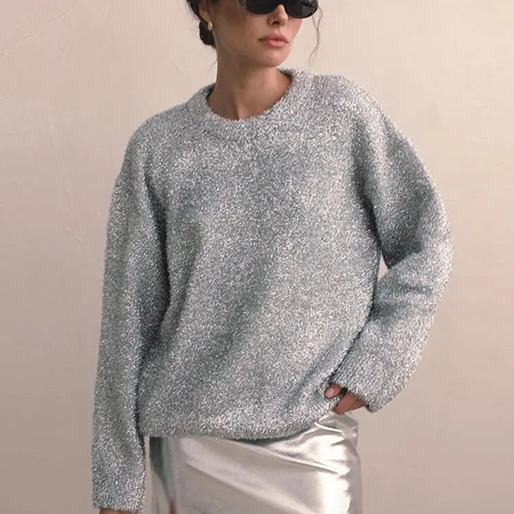 Women Chic Metallic Rib Trim Foil Hooded Sweater Casual Long Sleeve Drawstring Pullover Top Autumn Lady Elegant Sweatshirt Silver3