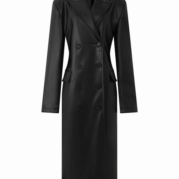 Spring Autumn Long Black Fitted Soft Pu Leather Trench Coat for Women with Shoulder Pads Luxury Designer Clothing 2023