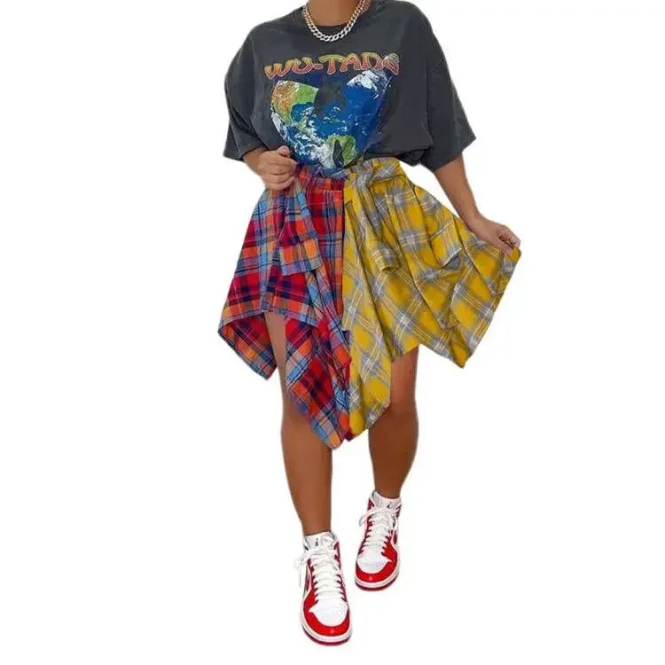 CM.YAYA Women Plaid Irregular High Waist Knee Length Skirts 2022 Summer Holiday Streetwear Sleeve Wrapped Lace Up Waist Skirt red-2