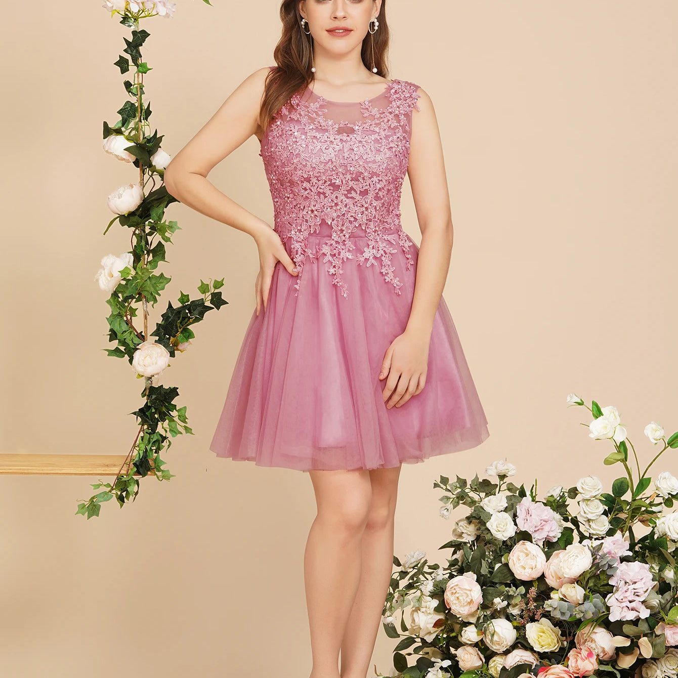 Short Homecoming Dress Illusion Neckline Sleeveless Floral Appqulies Evening Dress With Integrated Cup Chiffon Skirt Dusty Pink