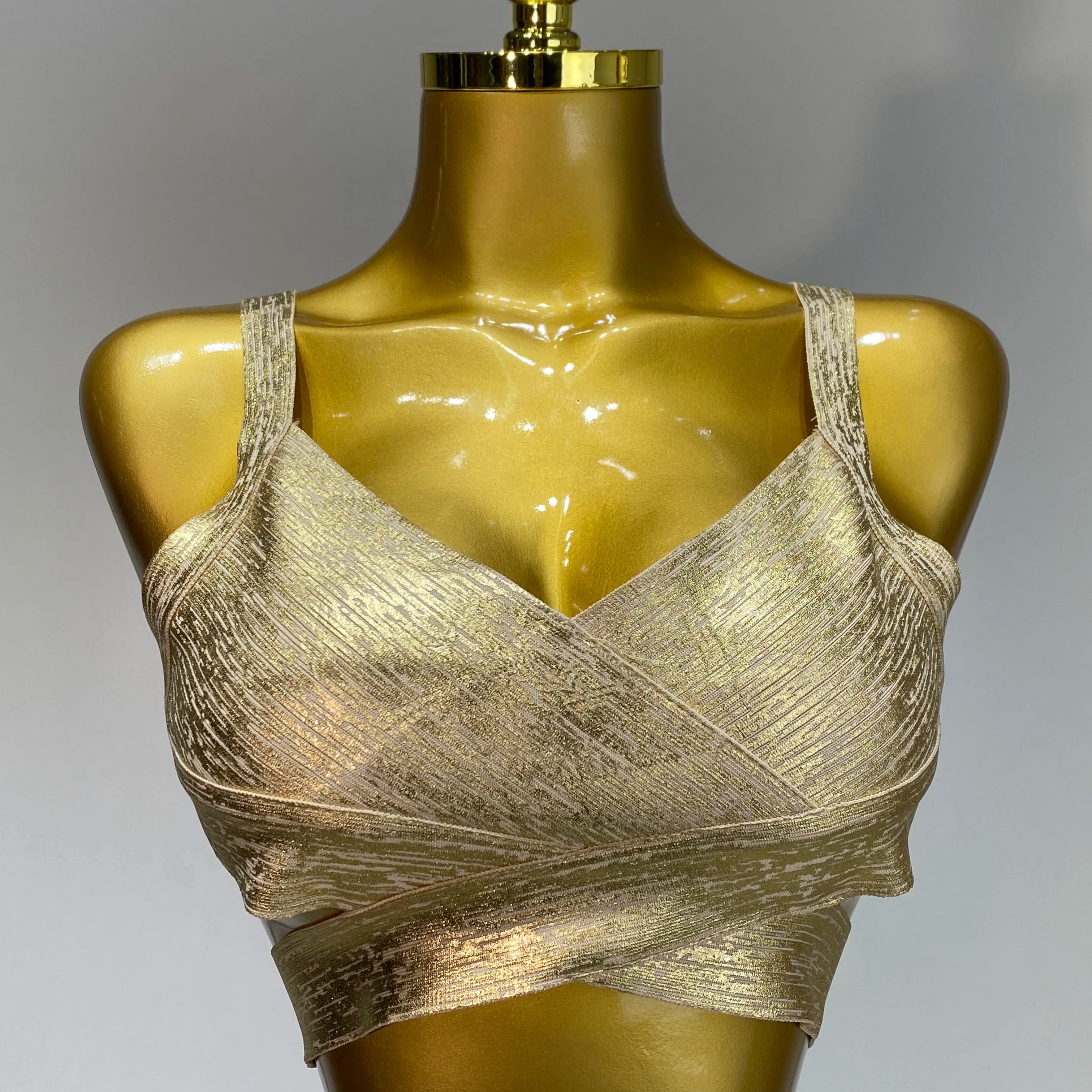 2025 New Summer Sexy V Neck Gold Bandage Two Pieces Set Women Charming Celebrity Bodycon Skirt Suits Club Birthday Vestido