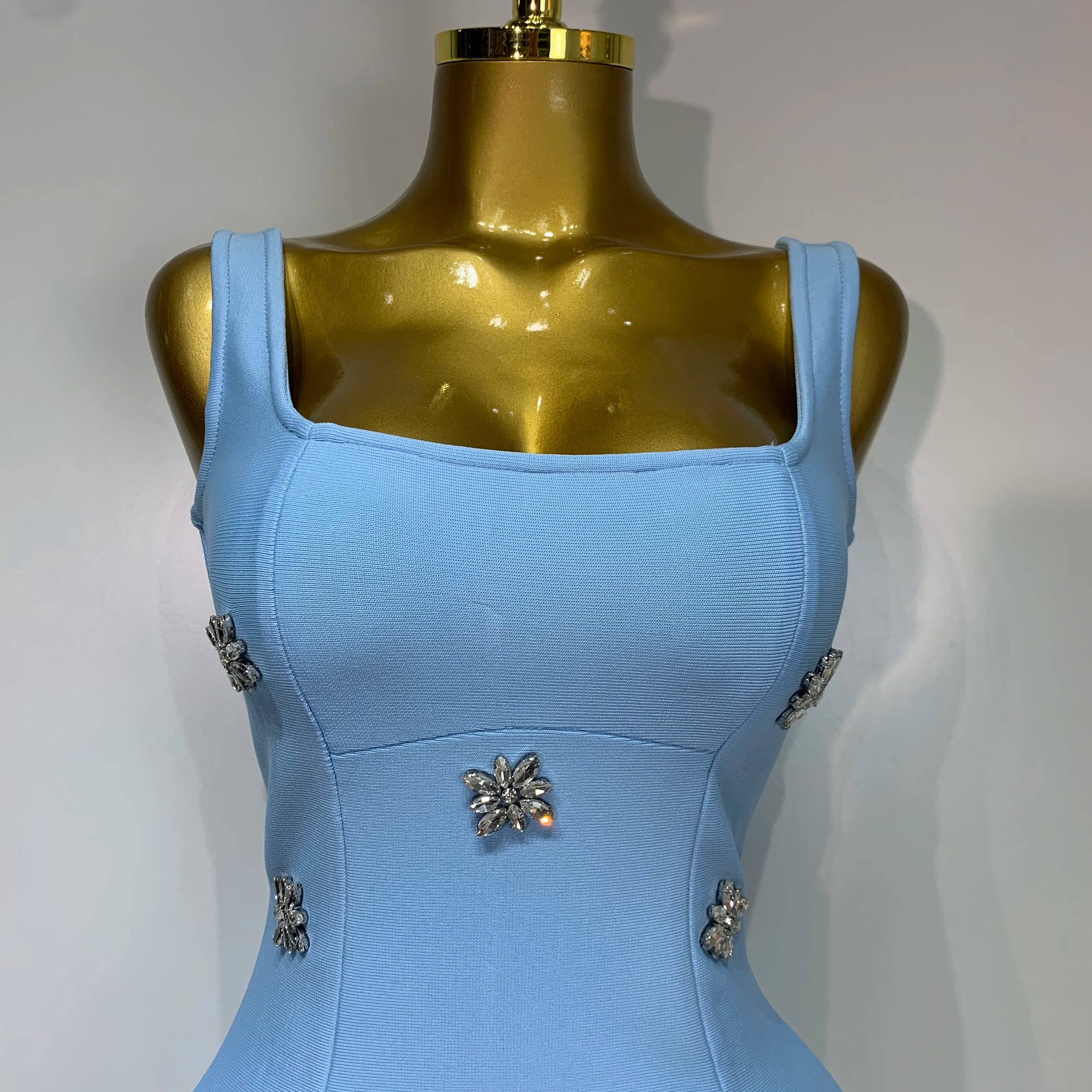 Women Sexy Square Collar Sparkly Rhinestone Bodycon Mini Bandage Dress Celebrate Evening Party Elegant Luxury Birthday Dress