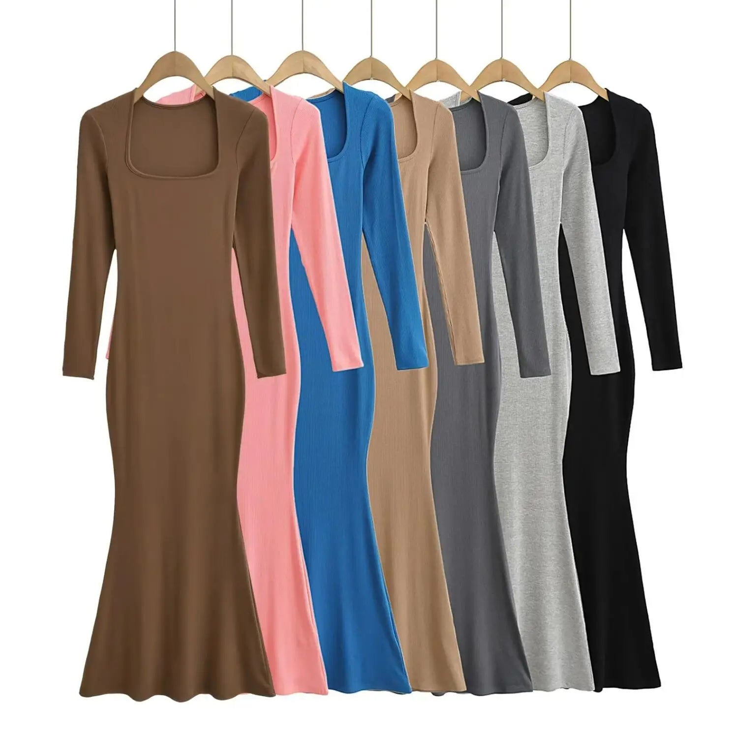 Sexy Square Collar Knitted Cotton Maxi Long Mermaid Dress Women Full Sleeve Stretch Basic Bodycon Fishtail Robe Vestido