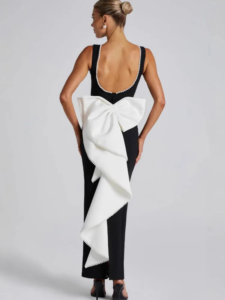 Elegant Pearl Bow Backless Sexy Maxi Dress Women Gown Fashion Sleeveless High Waist A-line Club Party Long Dress