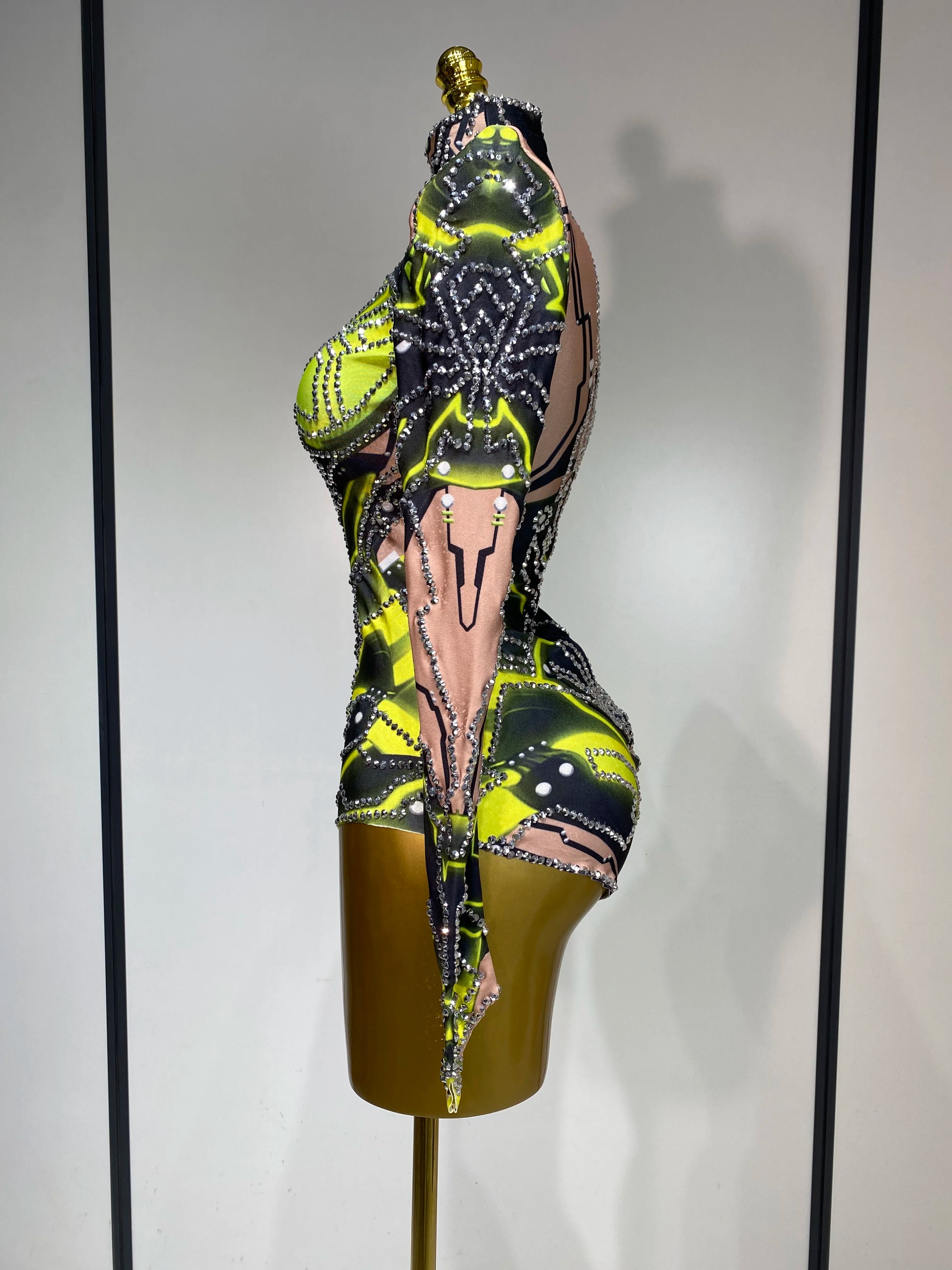 Women Sparkly Rhinstones High Street Bodysuit Performance Dance Singer Costume Nightclub Evening Party Birthday Stage Outfit