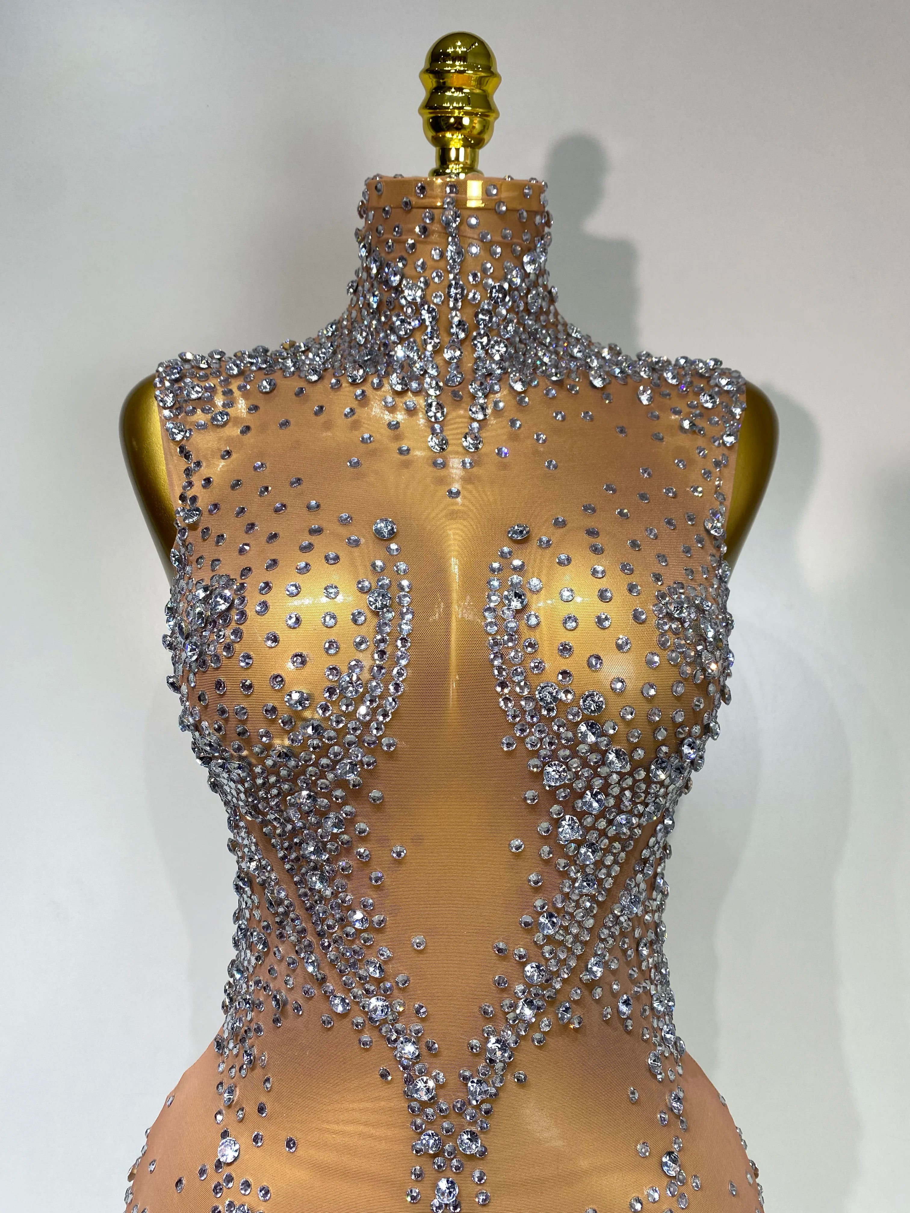 Women Sexy See Through Crystal Bodysuits Luxury Birthday Dancer Stage Performance Wear Mesh Sparkly Rhinestone Nightclub Outfit