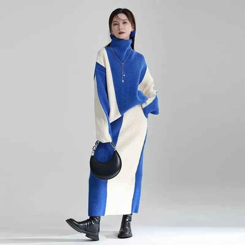 2023 new knitted women thickened turtleneck color-blocked sweater skirt y2k Korean style lazy slim two-piece suit 1 1