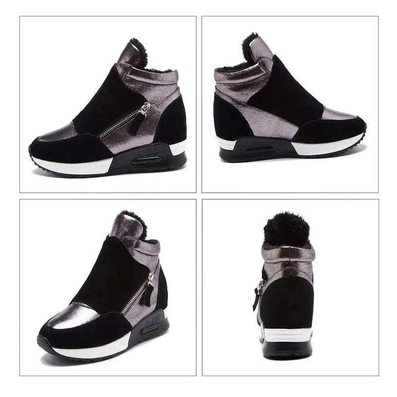 Snow Boots Women Autumn Winter Genuine Leather Warm Shoes Fashion Ladies High Top Sneakers Height Increasing 3cm