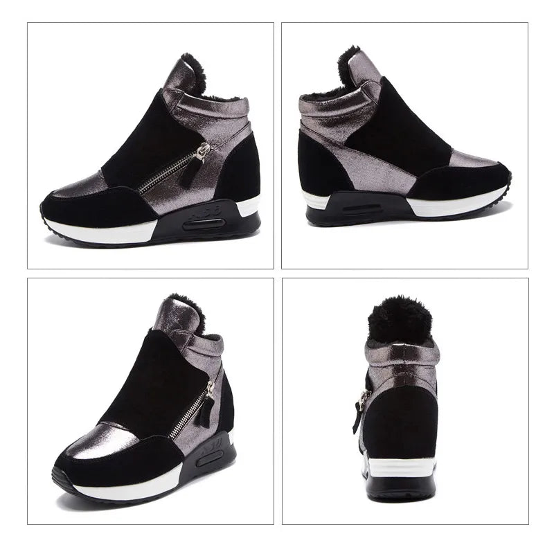 Snow Boots Women Autumn Winter Genuine Leather Warm Shoes Fashion Ladies High Top Sneakers Height Increasing 3cm