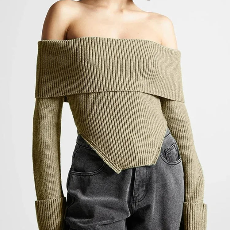 Solid Temperament Sweaters For Women Slash Neck Long Sleeve Tunic Irregular Minimalist Sweater Female Fashion Style