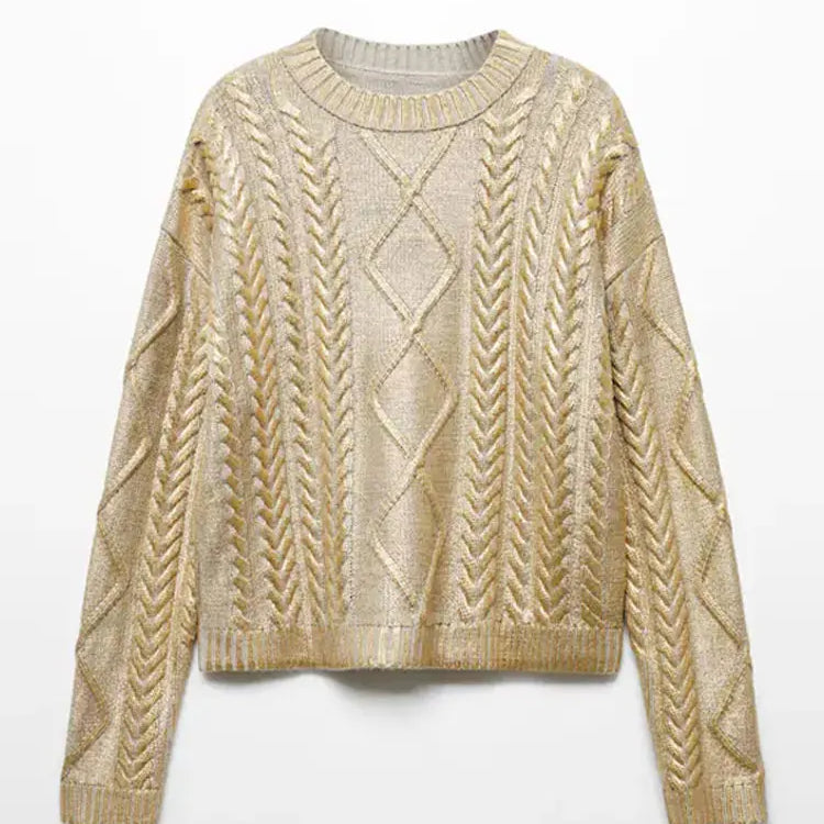 Women Solid O Neck Pullover Top Elegant Loose Long Sleeve Gold Sweatshirt Autumn Female Fashion Casual Shinny Outerwear Gold 3