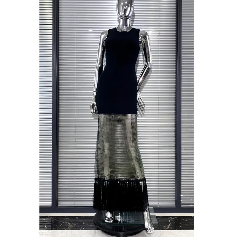 Shining Diamond See Through Mesh Tassels Black Bandage Ankle Length Dress Fashion Woman Party Dress Birthday Party Outfit