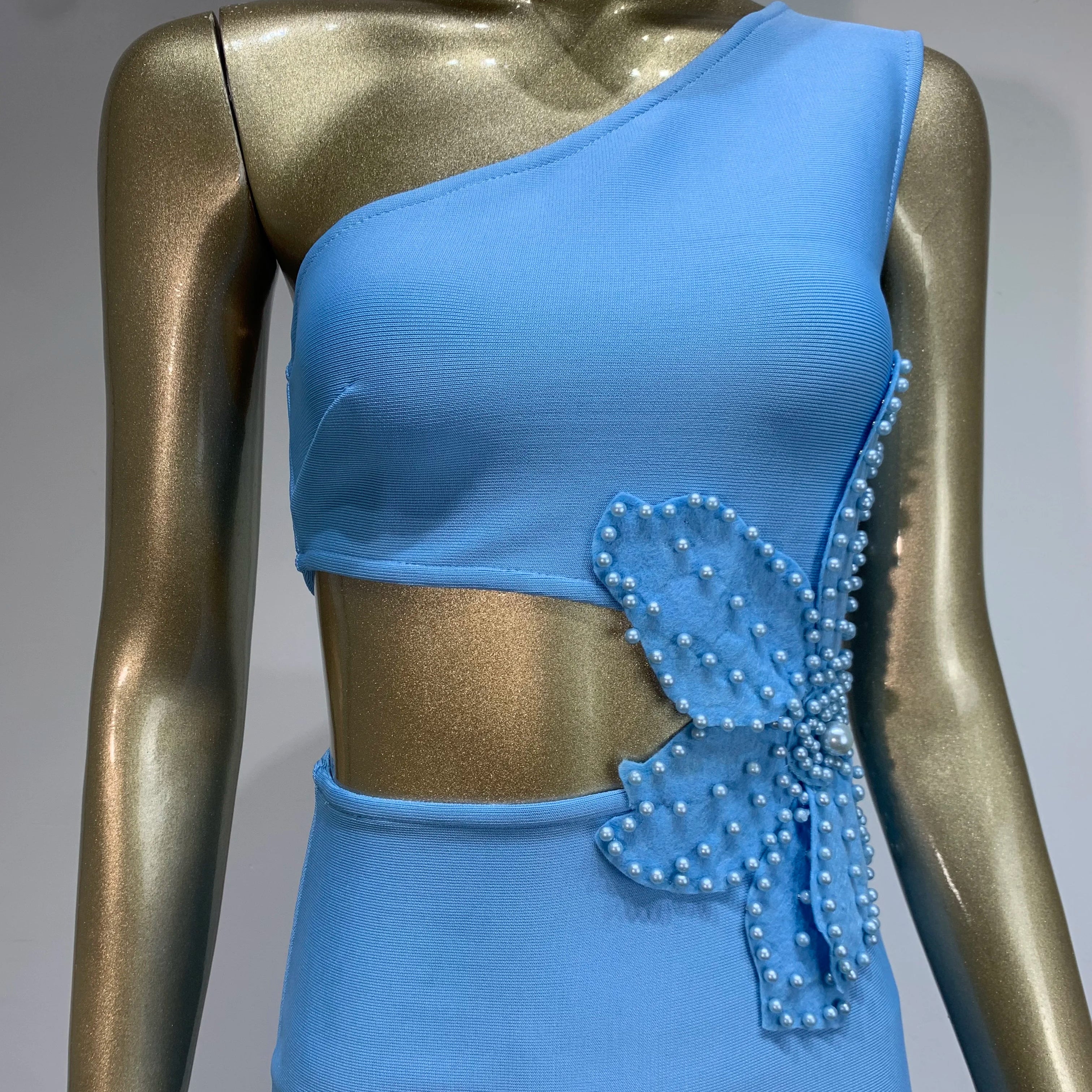 Vestido bandagem feminino celebridade sexy um ombro recortado azul celeste flor midi bodycon elegante vestido de festa para noite