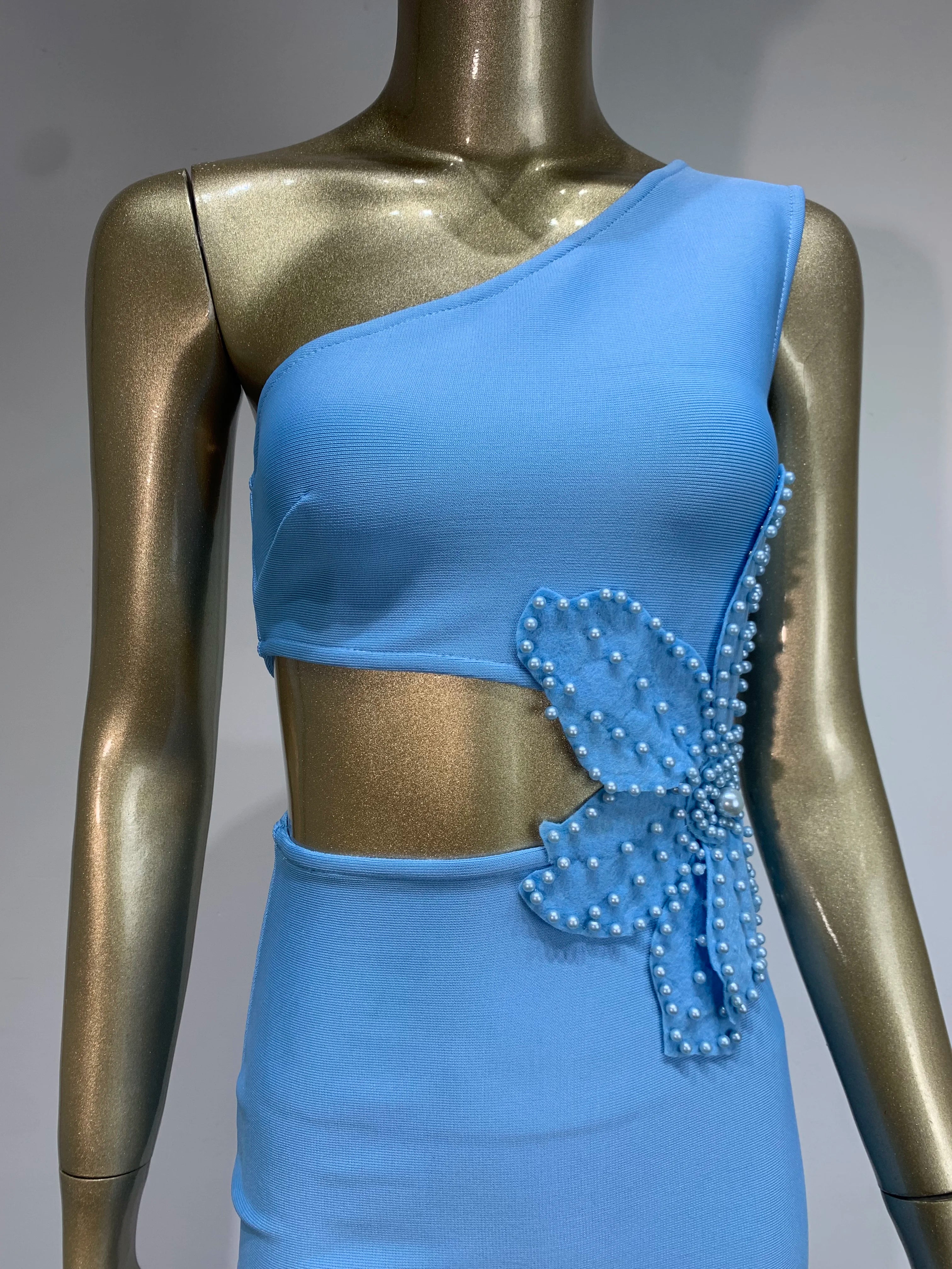 Vestido bandagem feminino celebridade sexy um ombro recortado azul celeste flor midi bodycon elegante vestido de festa para noite