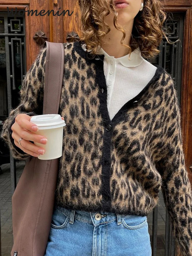 Vintage Leopard Print Mohair Women Cardigans Knitted O-neck Single Breasted Short Sweater Autumn Lady Casual Streetwear New